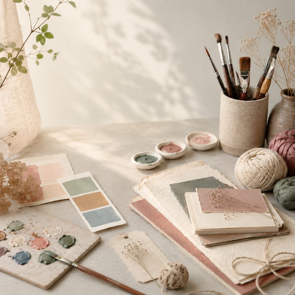 A studio still life of handmade pieces in warm, soft light.