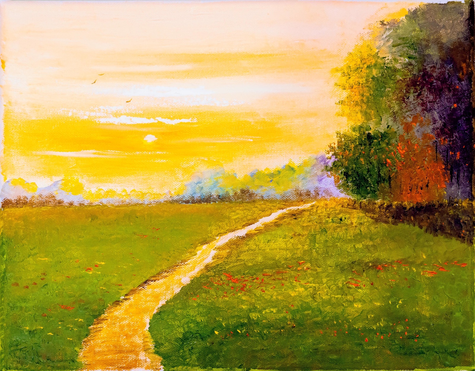 Oil painting of a glowing yellow-orange sunset over a green meadow, with a winding pale path and autumn trees