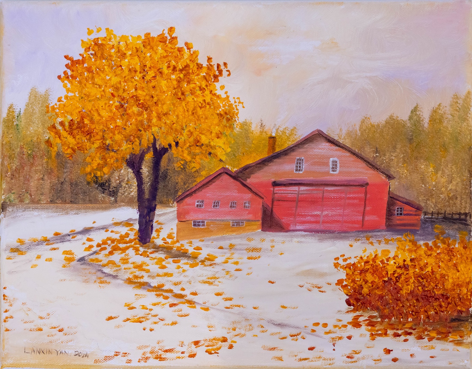 Oil painting of a golden autumn tree beside red farm barns, with fallen leaves scattered across pale snowy ground