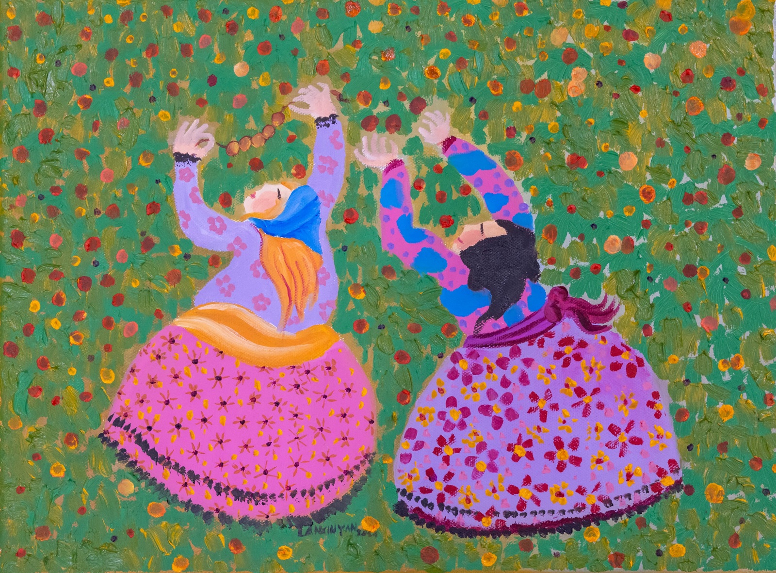 Colorful oil painting of two figures in patterned dresses reaching up to pick berries in a green field