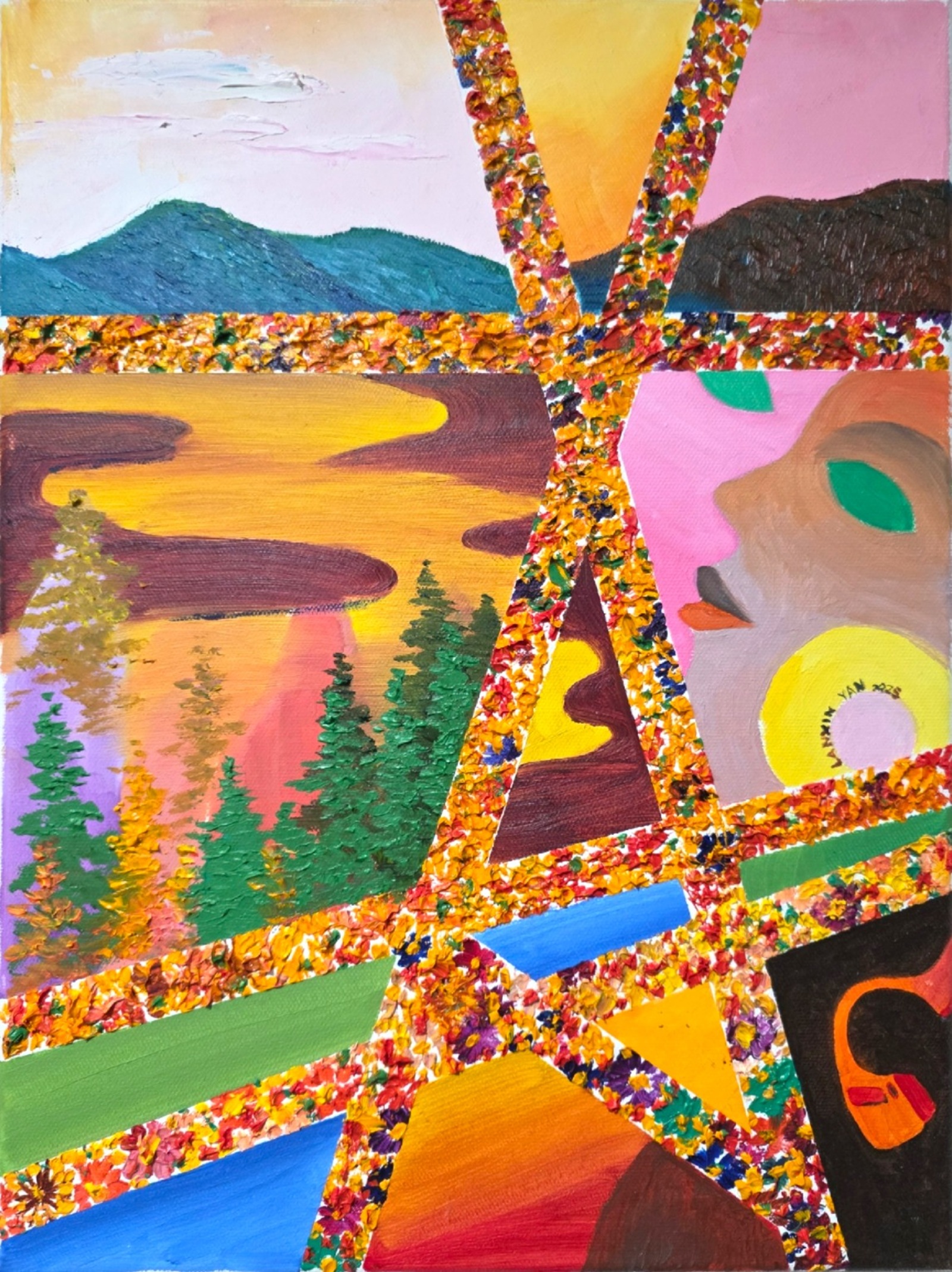 Colorful oil painting divided by textured golden lines, with mountains, a sunset over evergreen trees, abstract forms, and headphones.