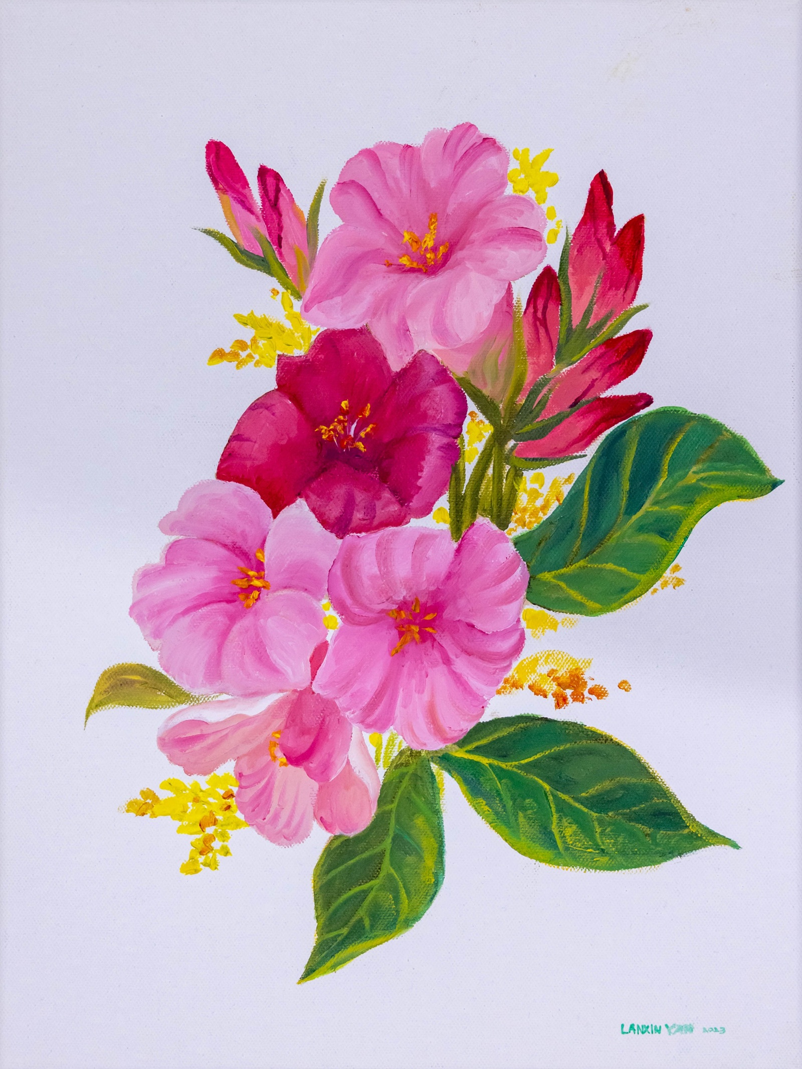 Oil painting of pink and red flowers with yellow accents and dark green leaves