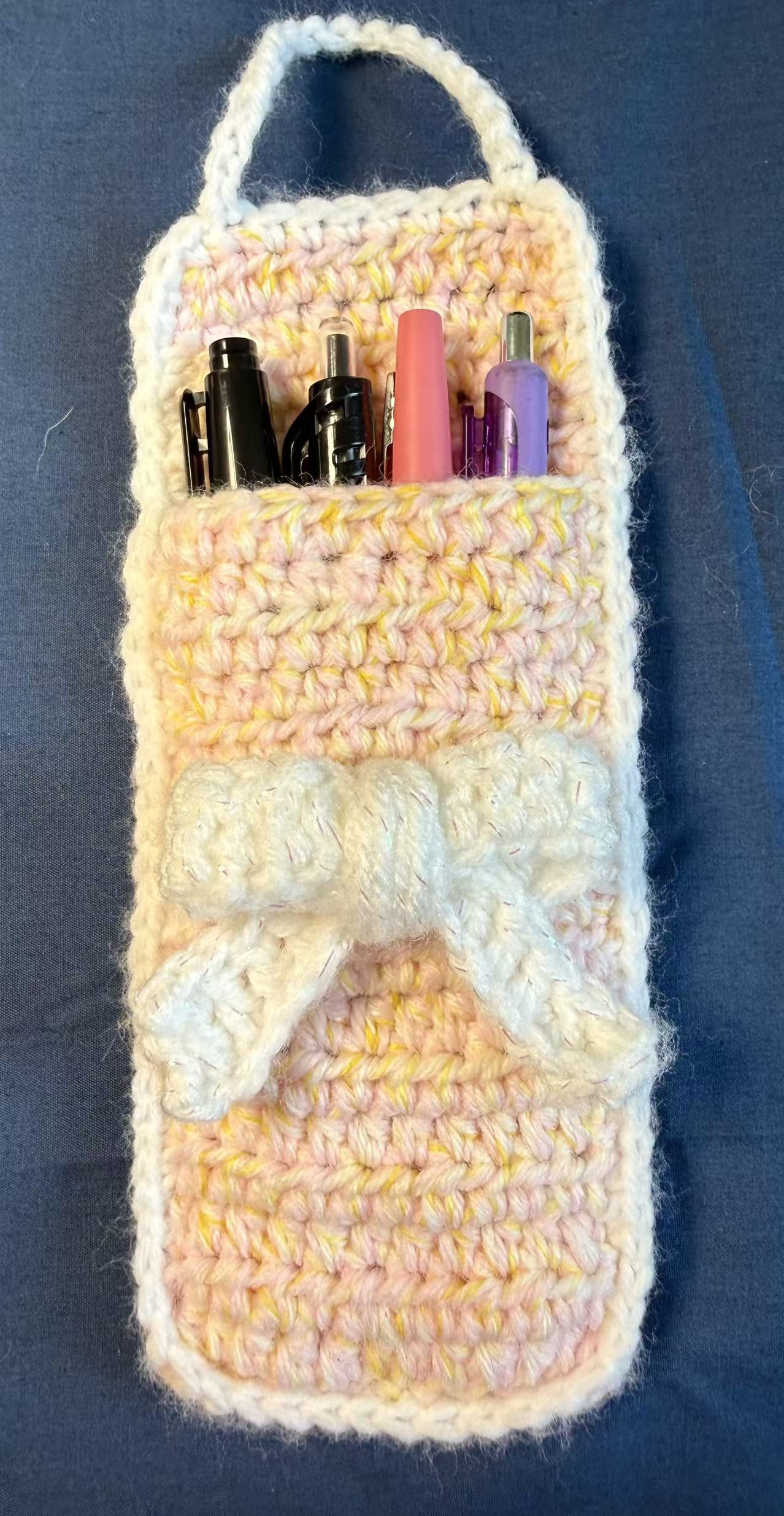 Inside view of the open crochet pencil or glasses pouch.