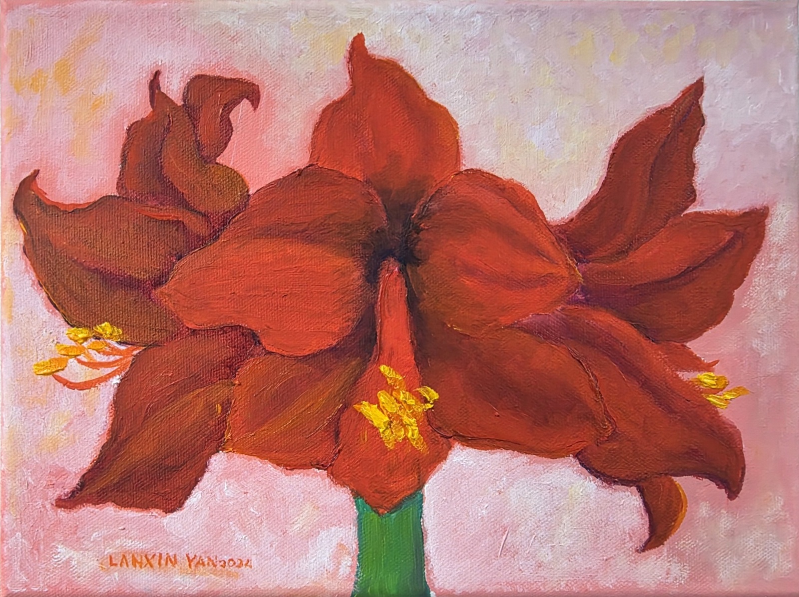 Oil painting of red amaryllis blossoms with yellow centers against a softly blurred green background