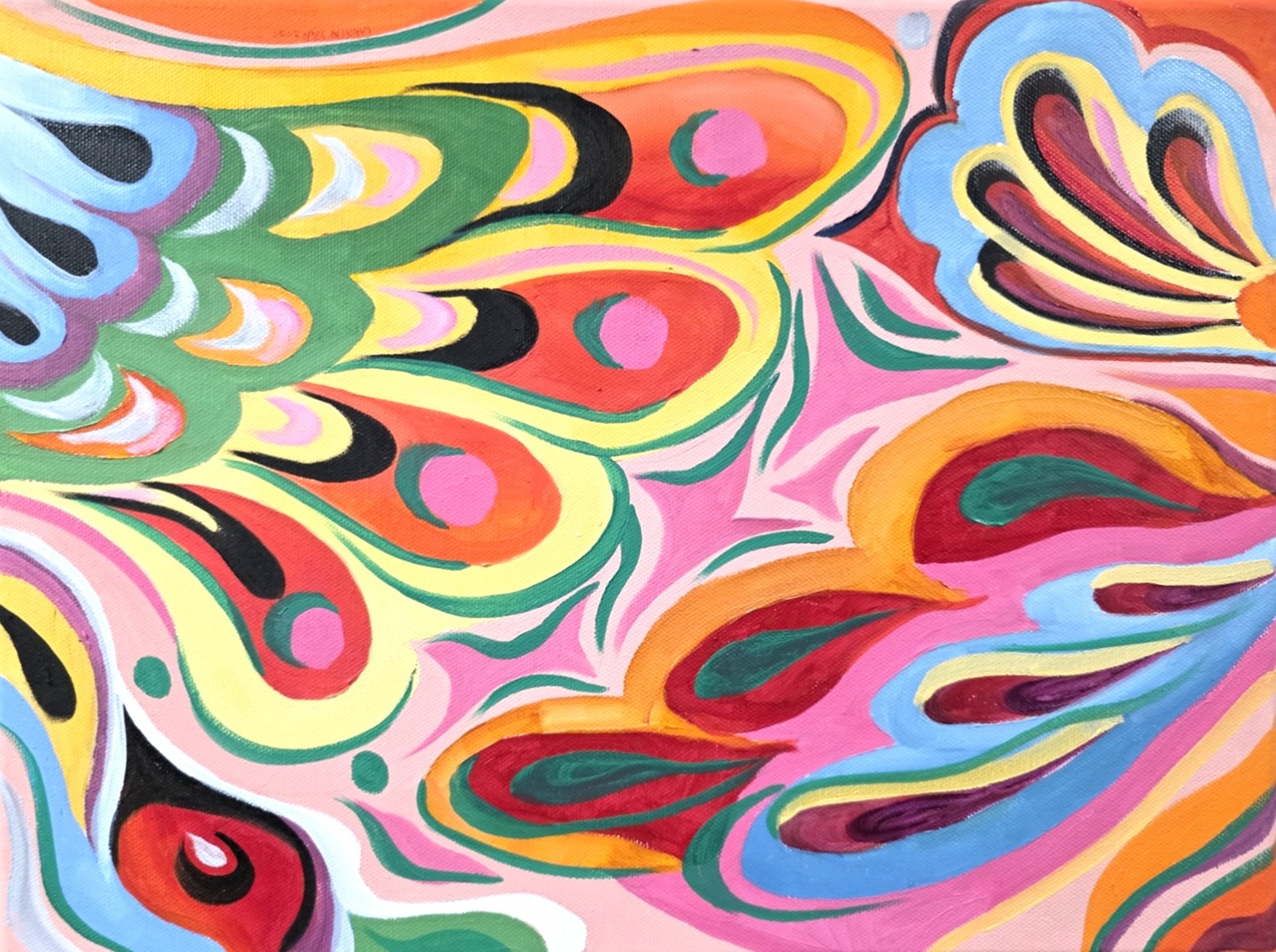 Oil painting of two abstract butterfly wings arranged in an inverted composition
