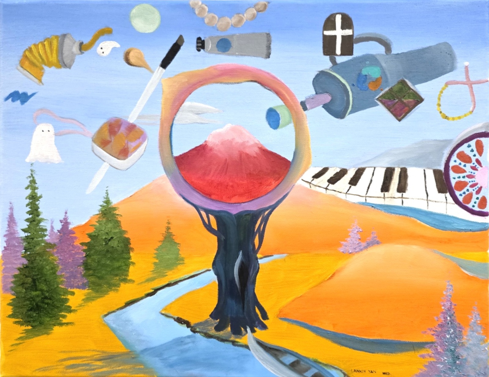 Oil painting combining everyday studio objects, a magnifying glass, travel imagery, and evergreen trees in an imaginative composition