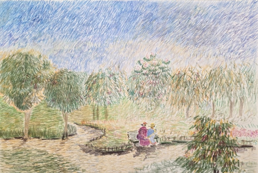 Colored pencil landscape of a garden path, trees, flowers, and a small figure among greenery.