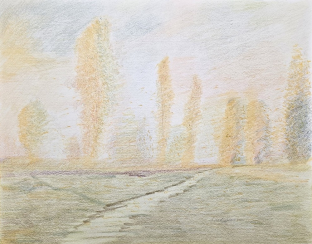 Colored pencil landscape with pale golden trees, open fields, and a road fading into misty light.