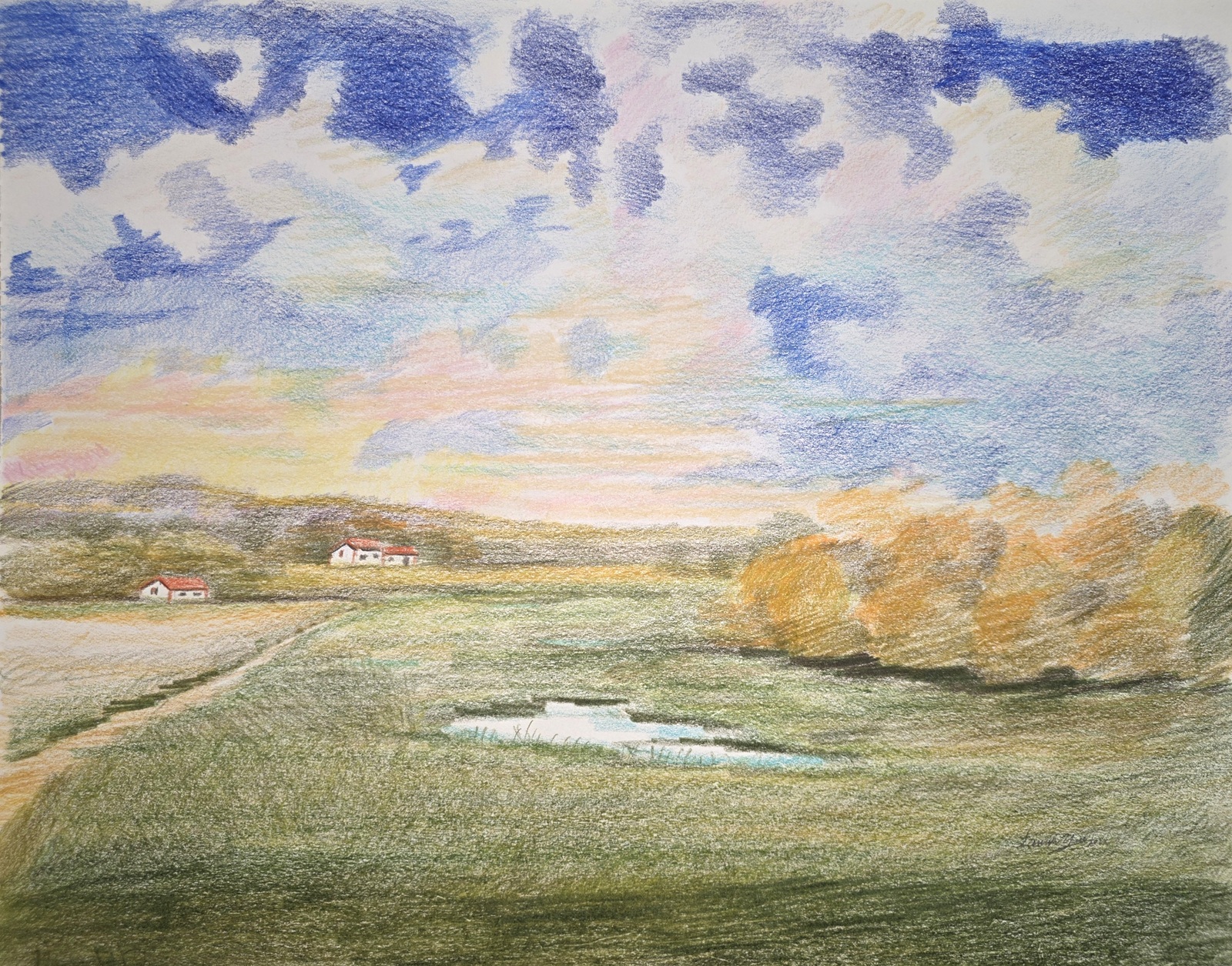 Colored pencil landscape with dramatic blue clouds, open fields, water, and a distant horizon.