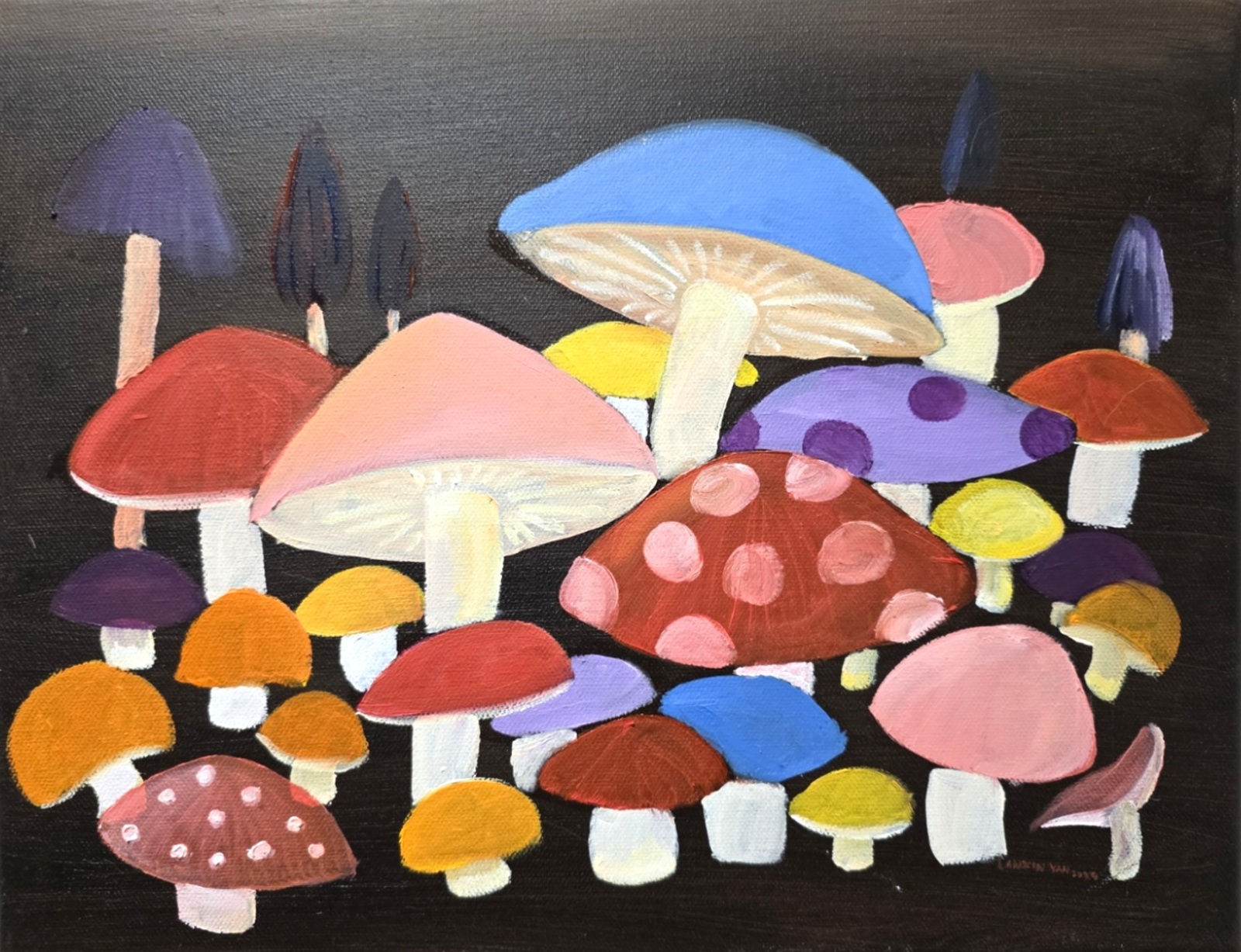An oil painting with luminous floral forms in pink, blue, and violet emerging from a dark background.