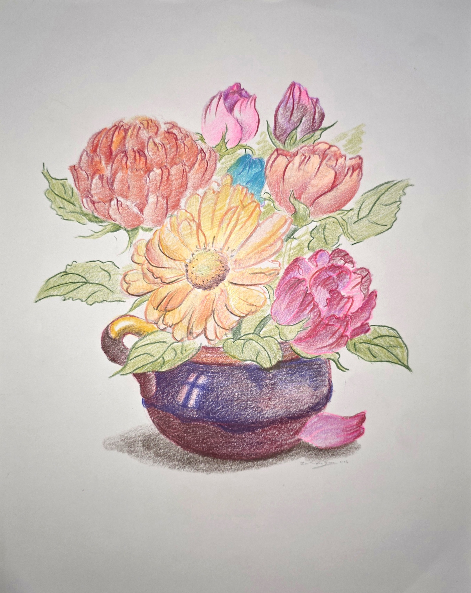 Colored pencil drawing of colorful flowers arranged in a dark blue bowl on white paper.