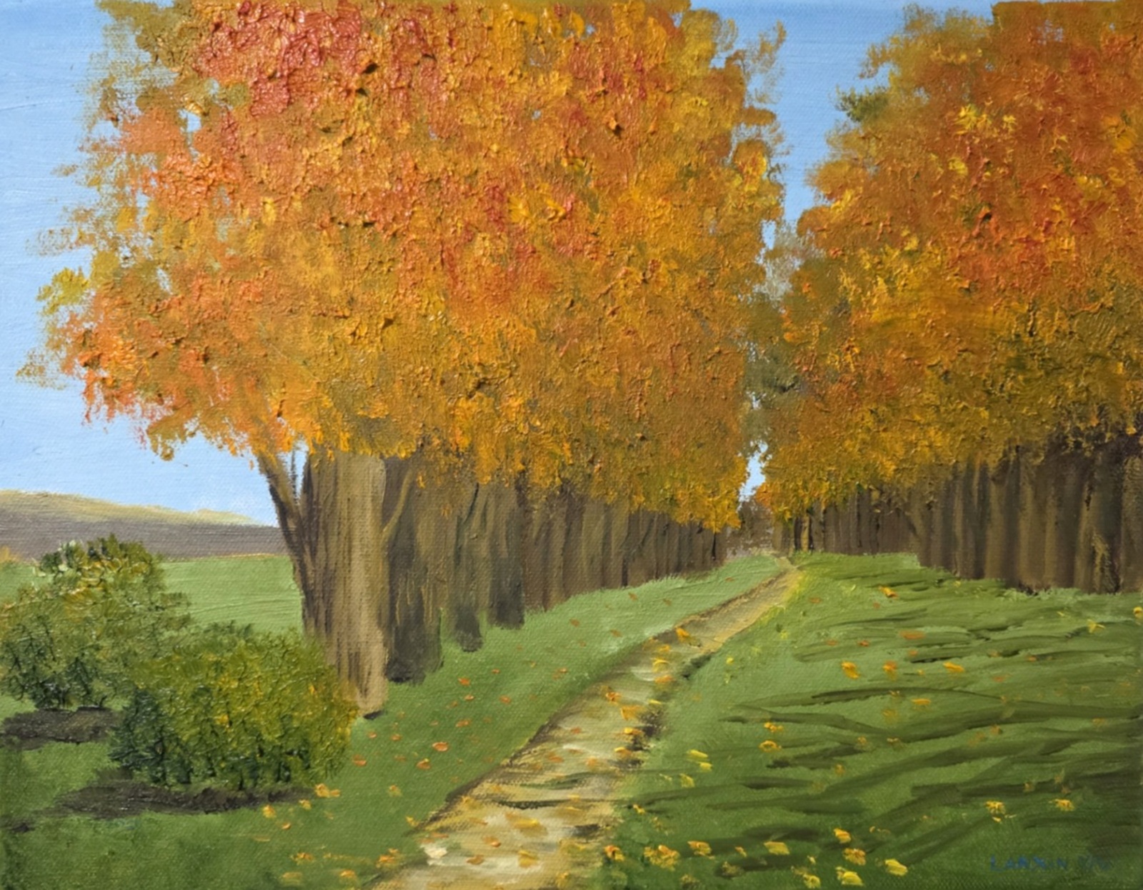 Oil painting of a golden autumn path lined with trees beneath a blue September sky.