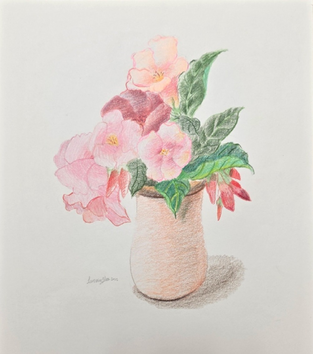 Colored pencil drawing of pink flowers and green leaves arranged in a pale peach vase.