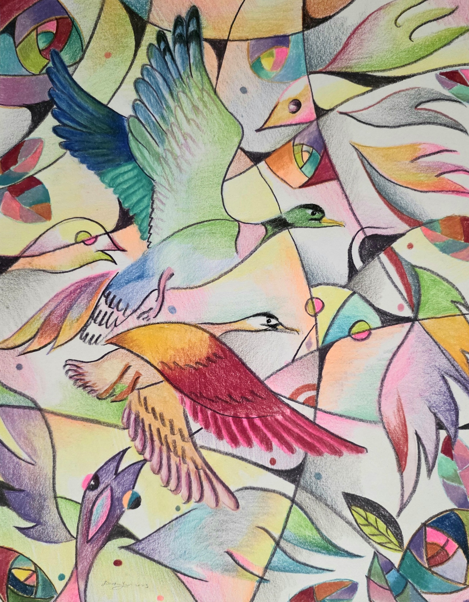 Colorful pencil drawing of birds moving through angular prismatic shapes and bright patterns.