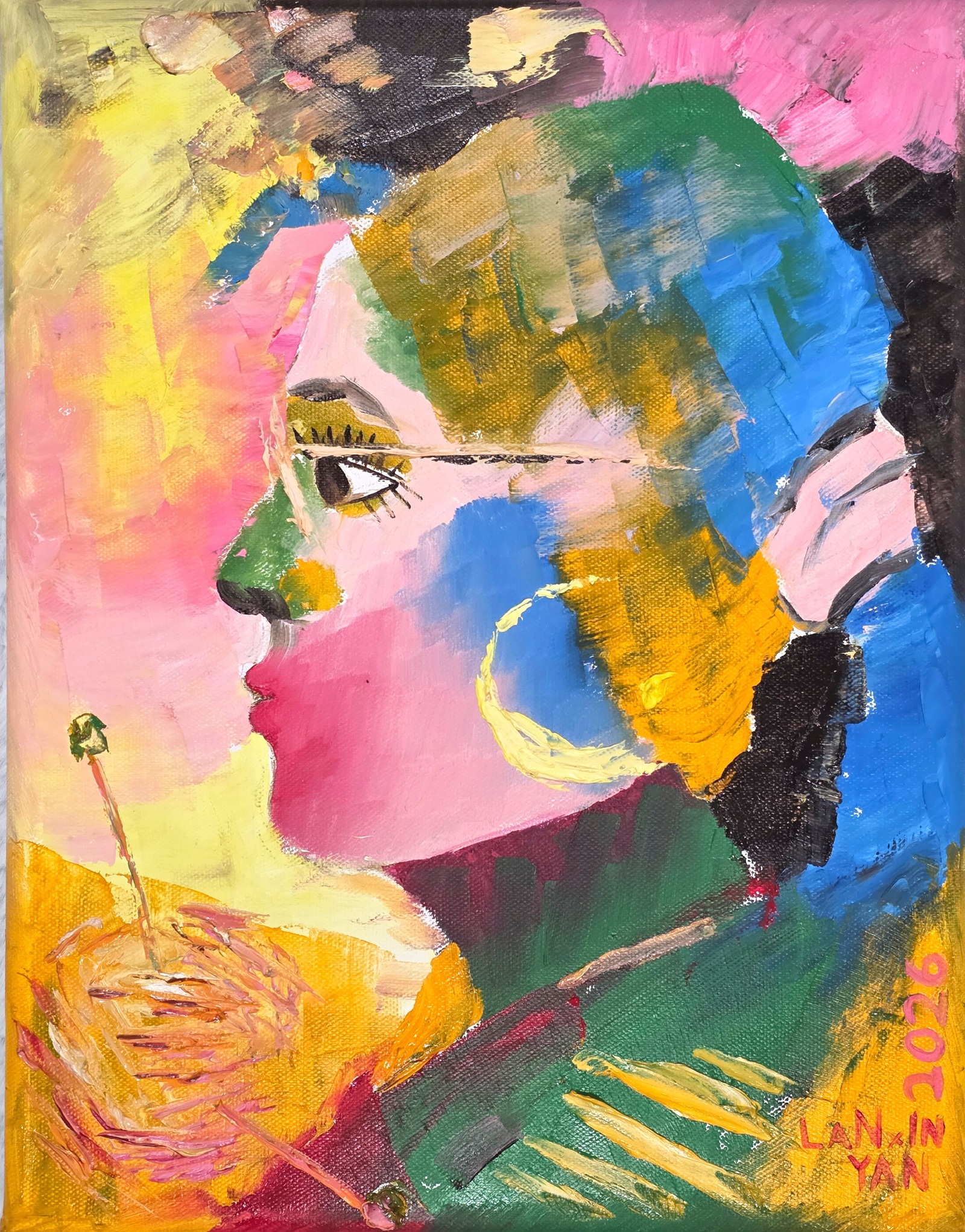 A vibrant oil self-portrait with glasses and a gold earring, framed by blue, pink, yellow, green, and black brushwork, with knitting needles and a ball of yarn below.