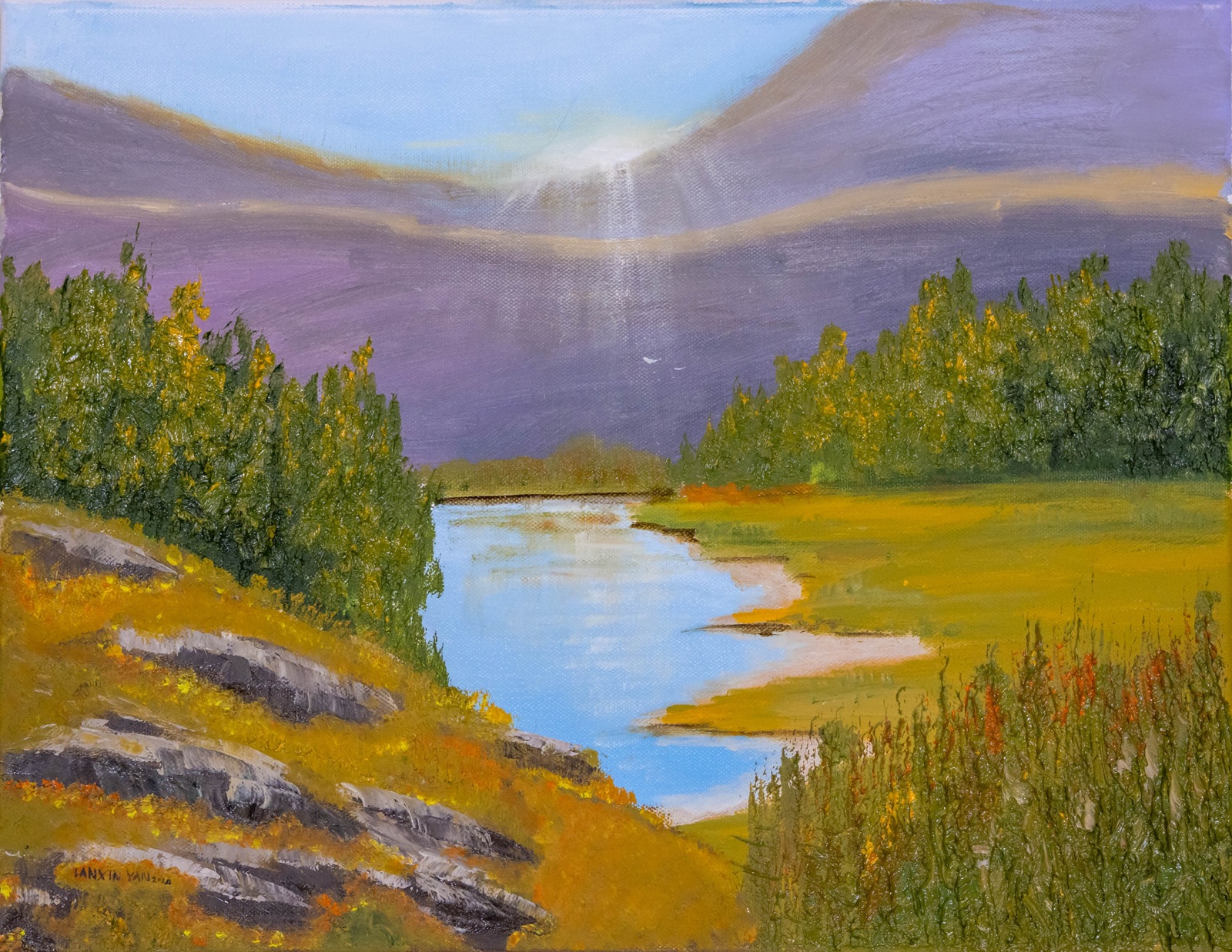 Oil painting of a winding blue river bordered by golden grasses and green trees beneath purple mountains