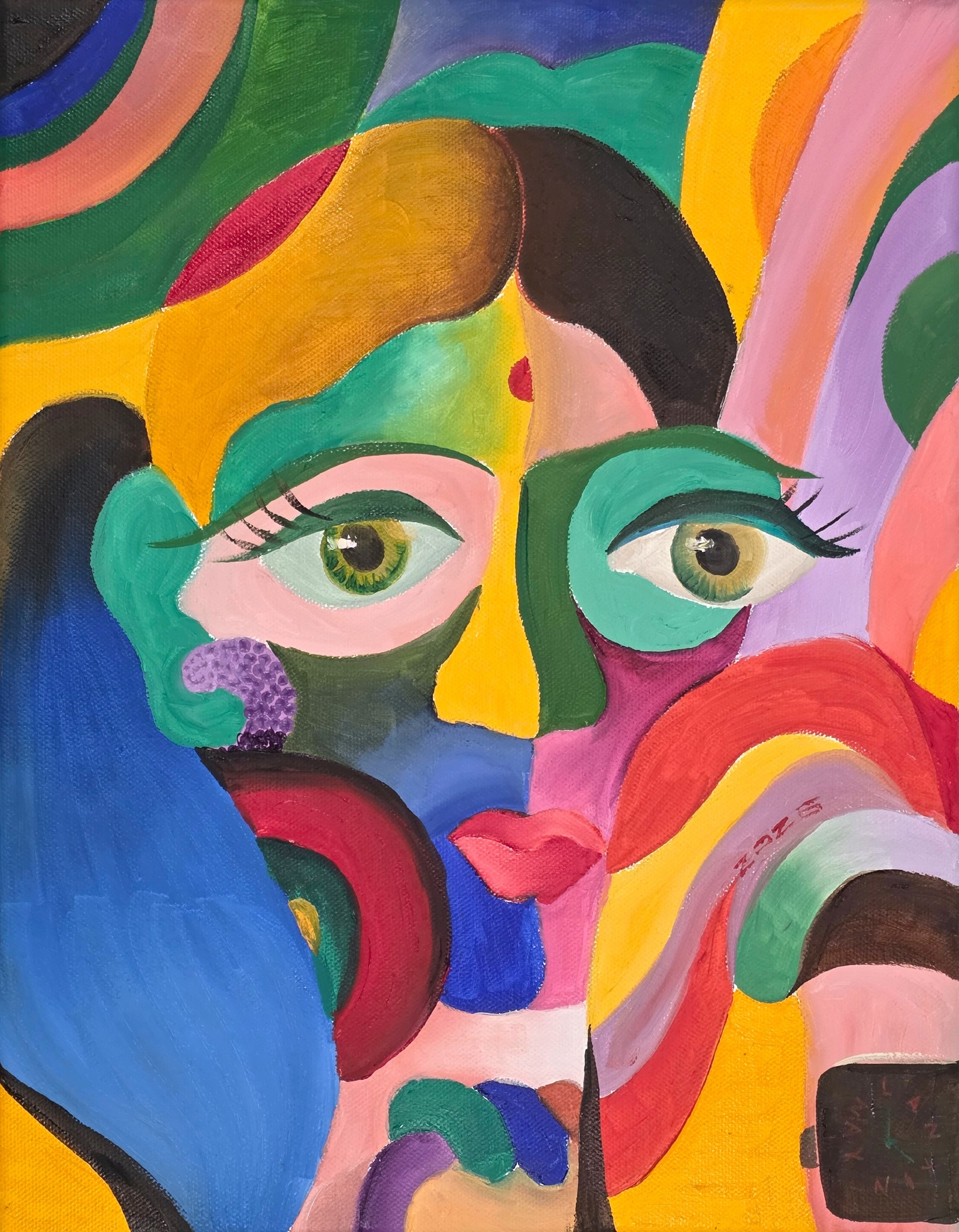Colorful modern self-portrait with a face in layered abstract shapes, a hand resting against the cheek, a bracelet, and a signed watch.
