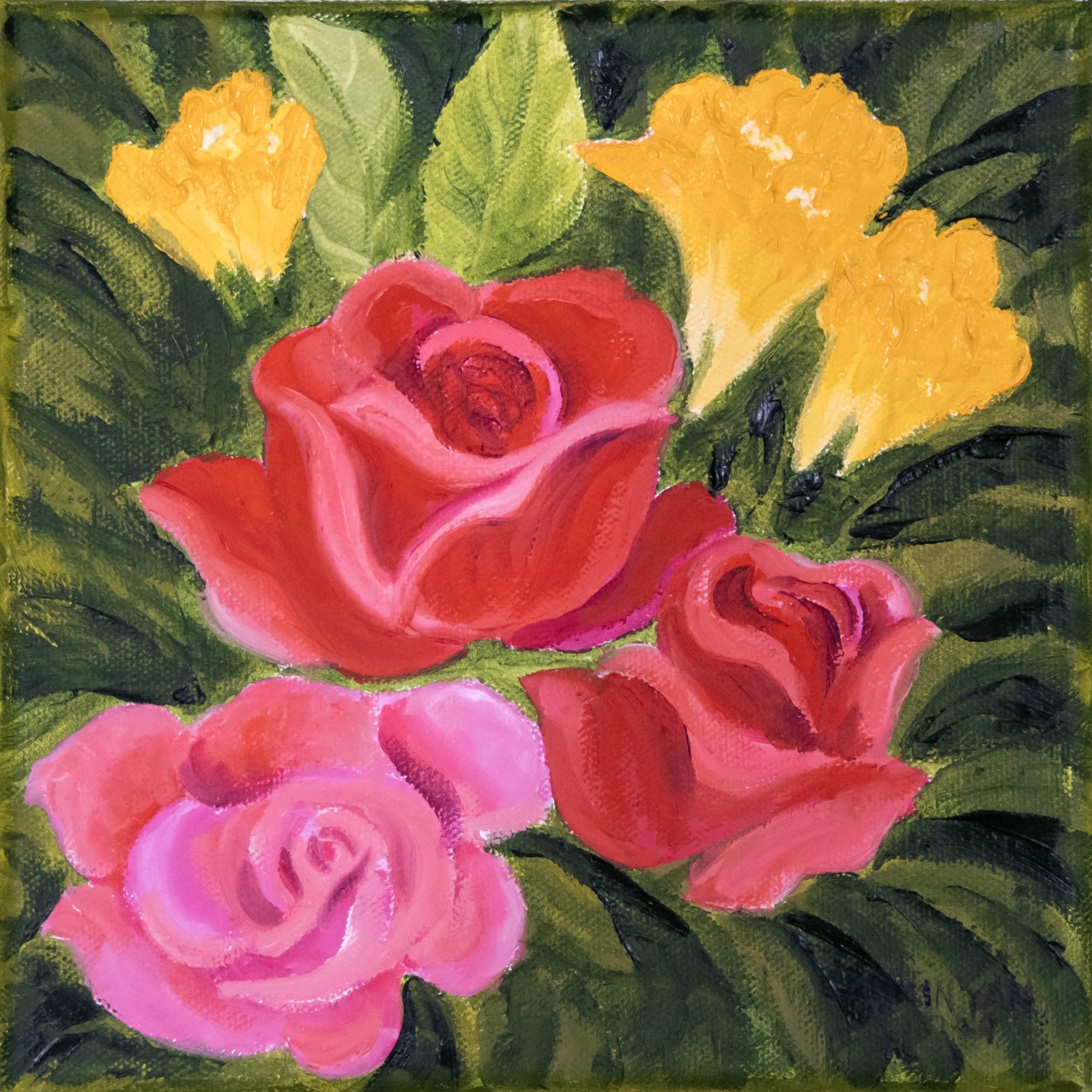 Oil painting of pink and red roses with yellow flowers surrounded by dense green leaves