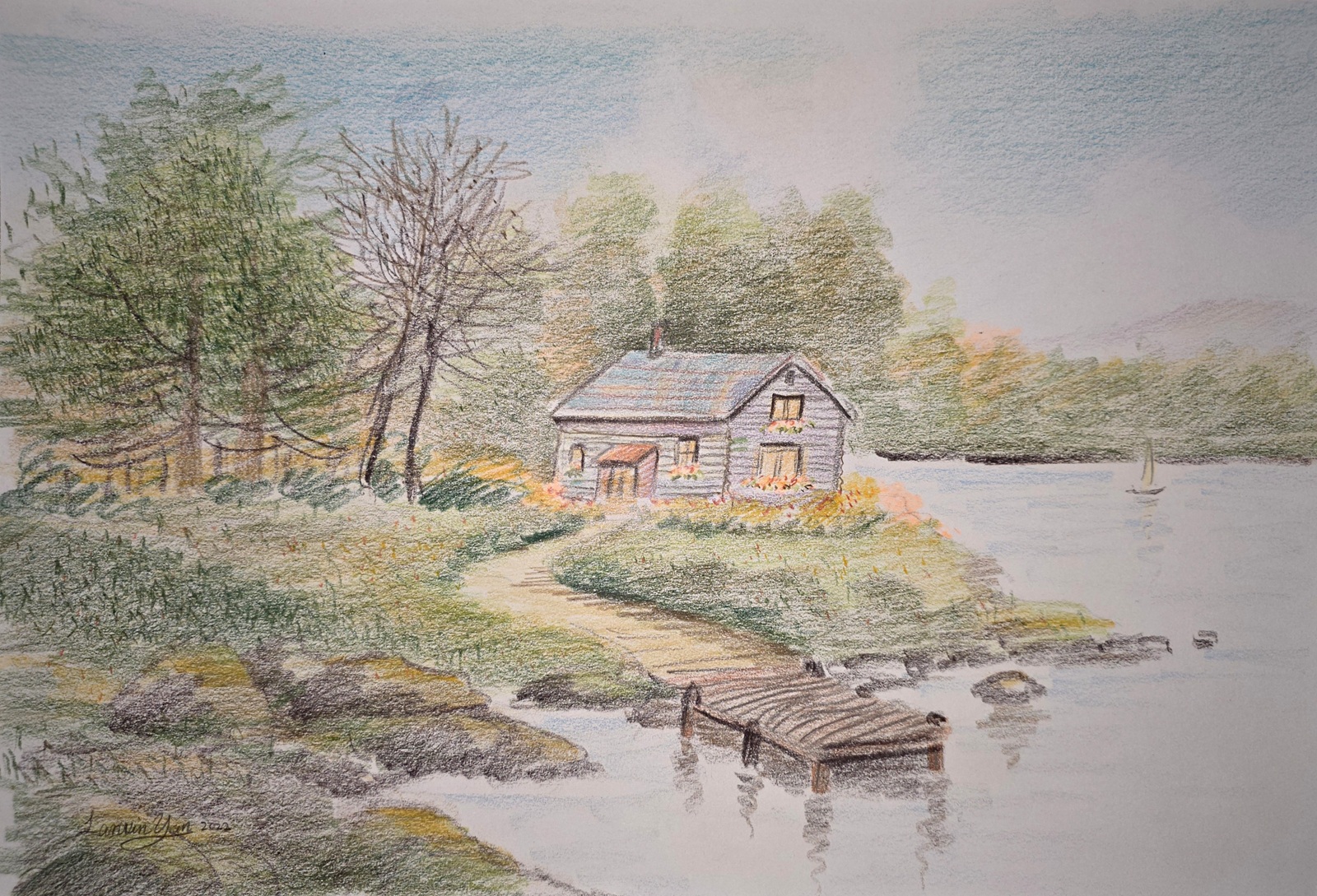 Colored pencil landscape of a cottage by a shoreline with trees, docks, rocks, and calm water.
