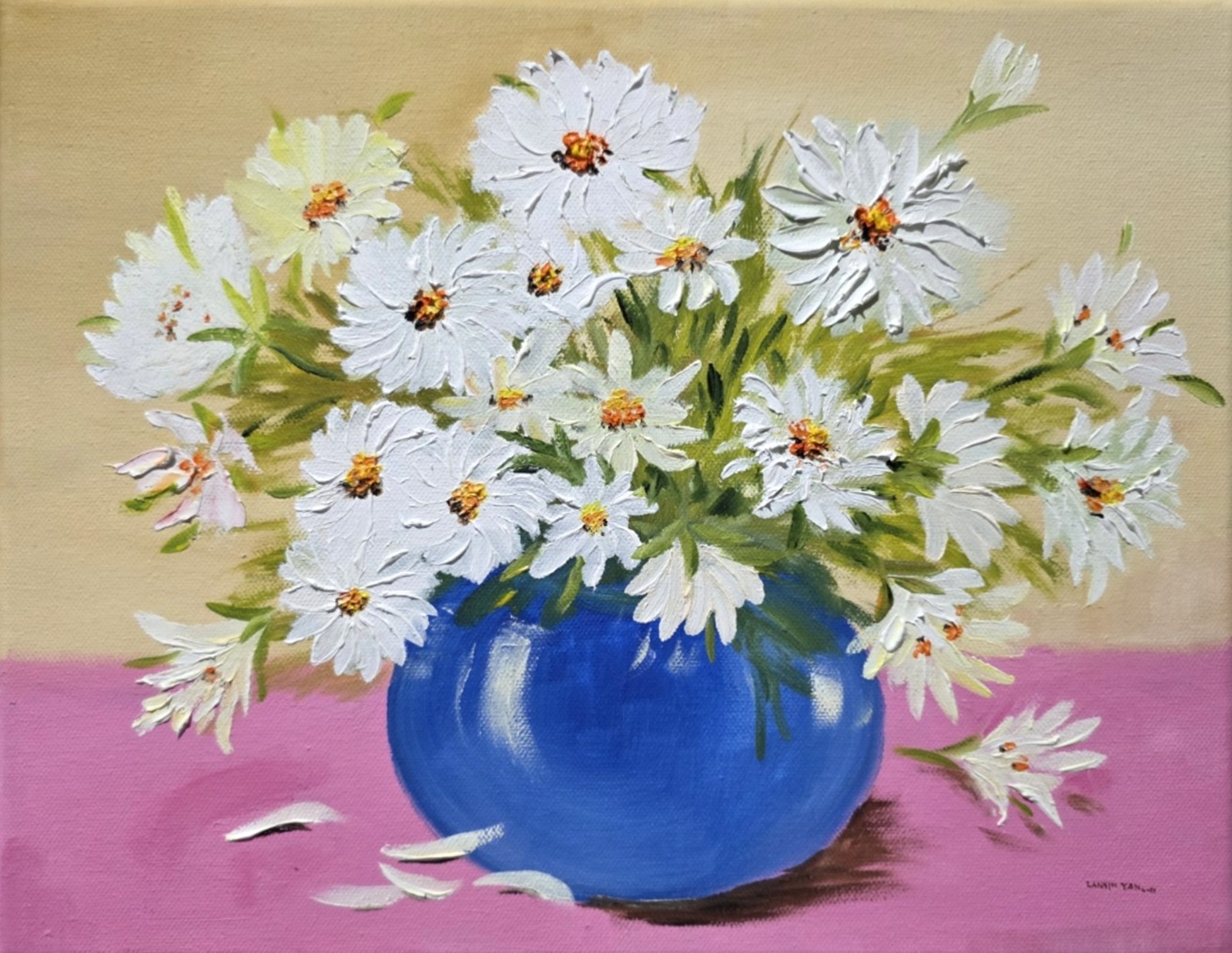 Oil painting of white daisies arranged in a round cobalt-blue vase on a pink tabletop.