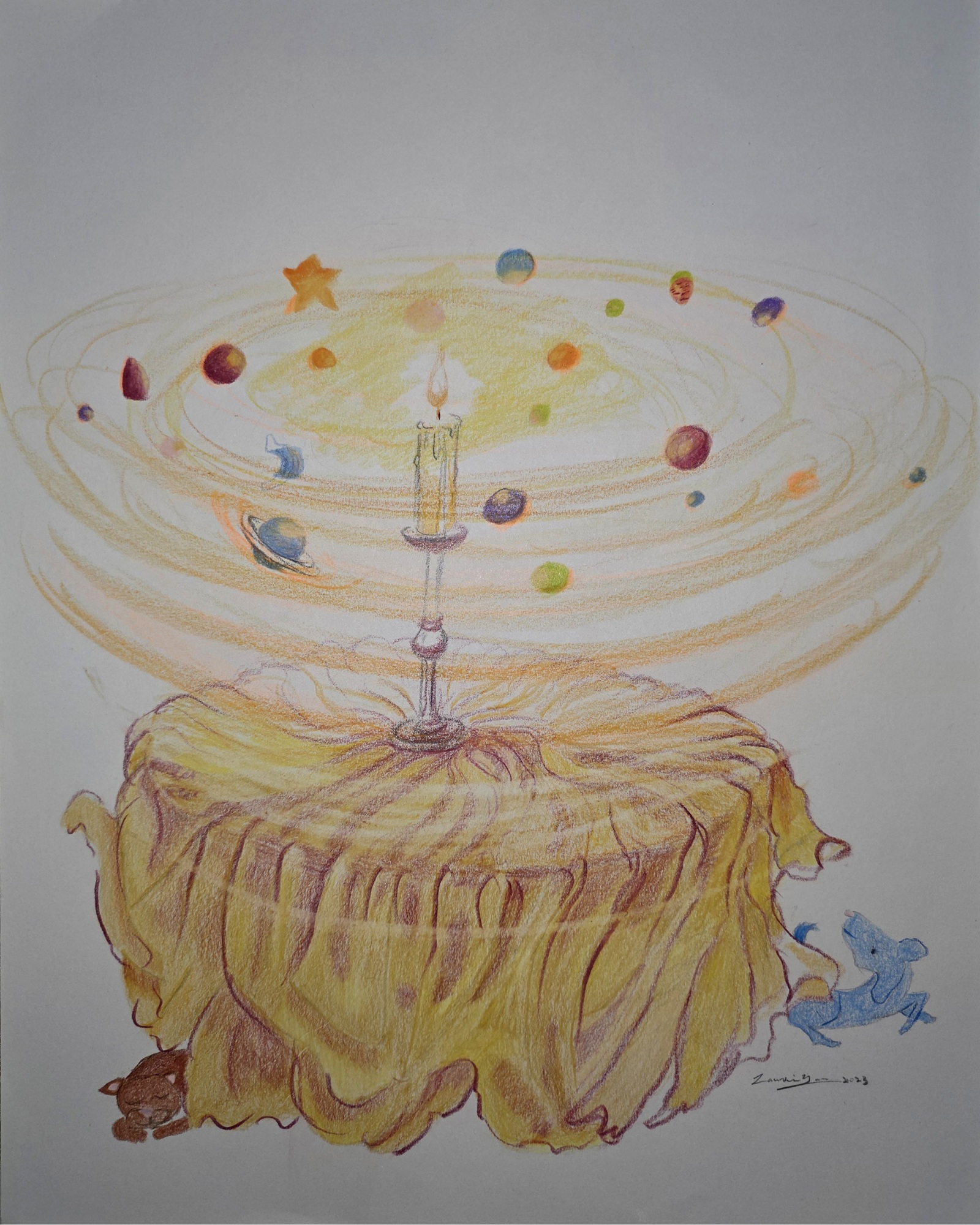 Colored pencil drawing of a candle-like table with stars, planets, and orbiting lights above it.