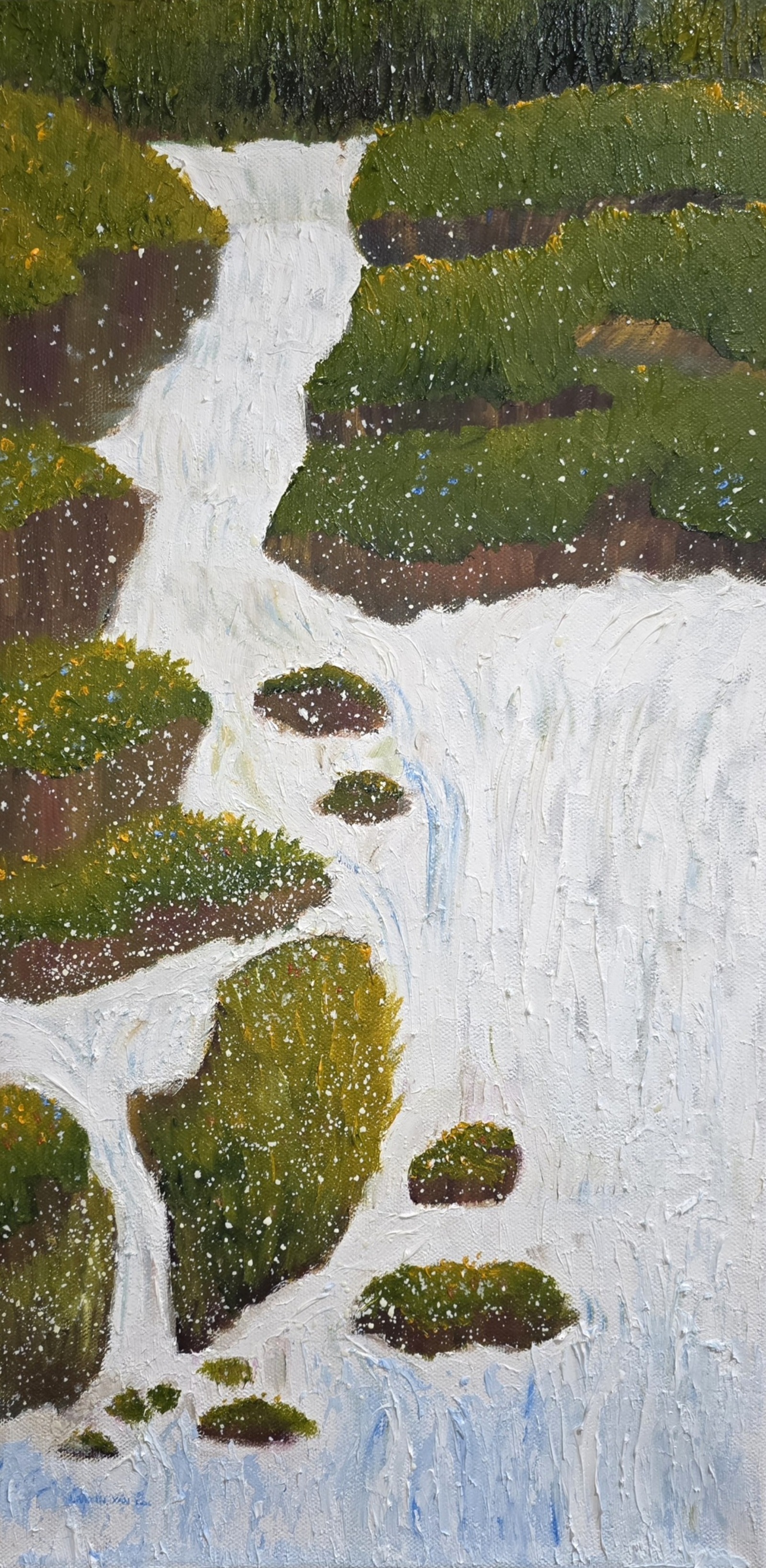 Oil painting of white waterfalls flowing between mossy green rocks beneath a dark forest.