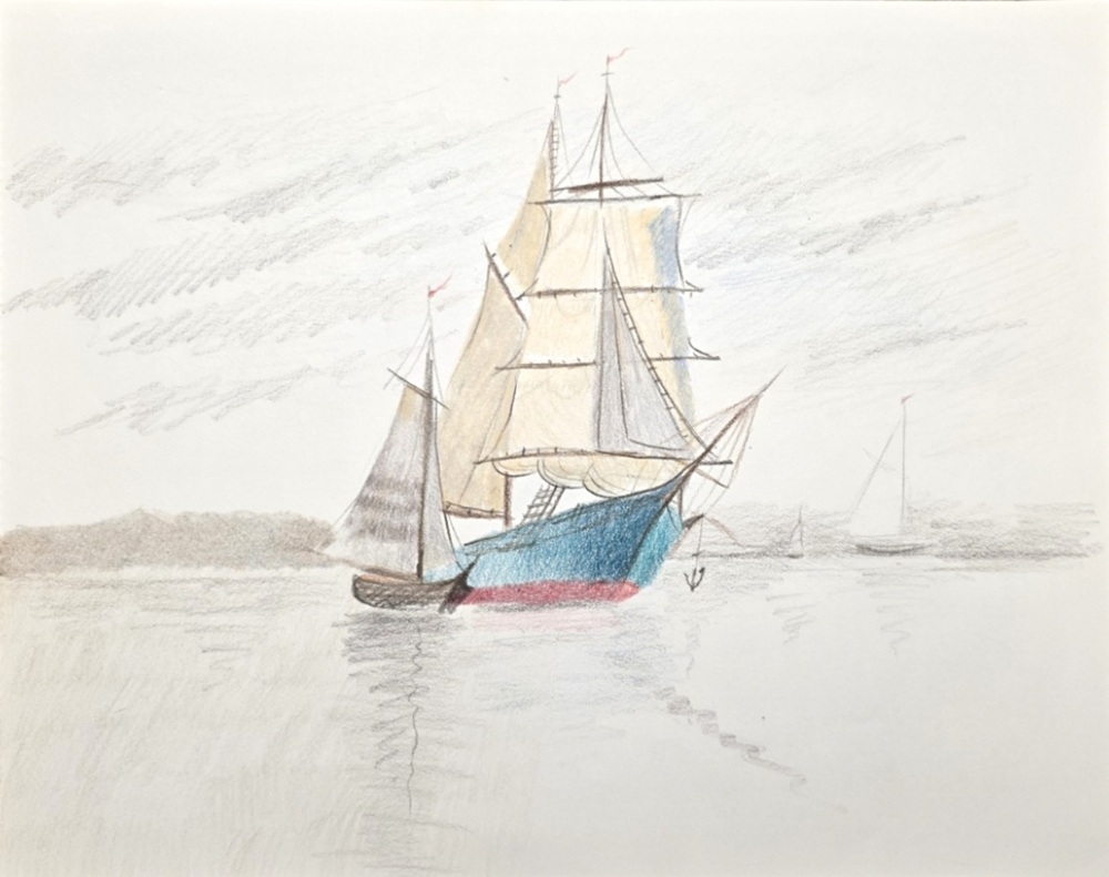 Colored pencil drawing of a sailboat with white sails and a blue hull on quiet water.